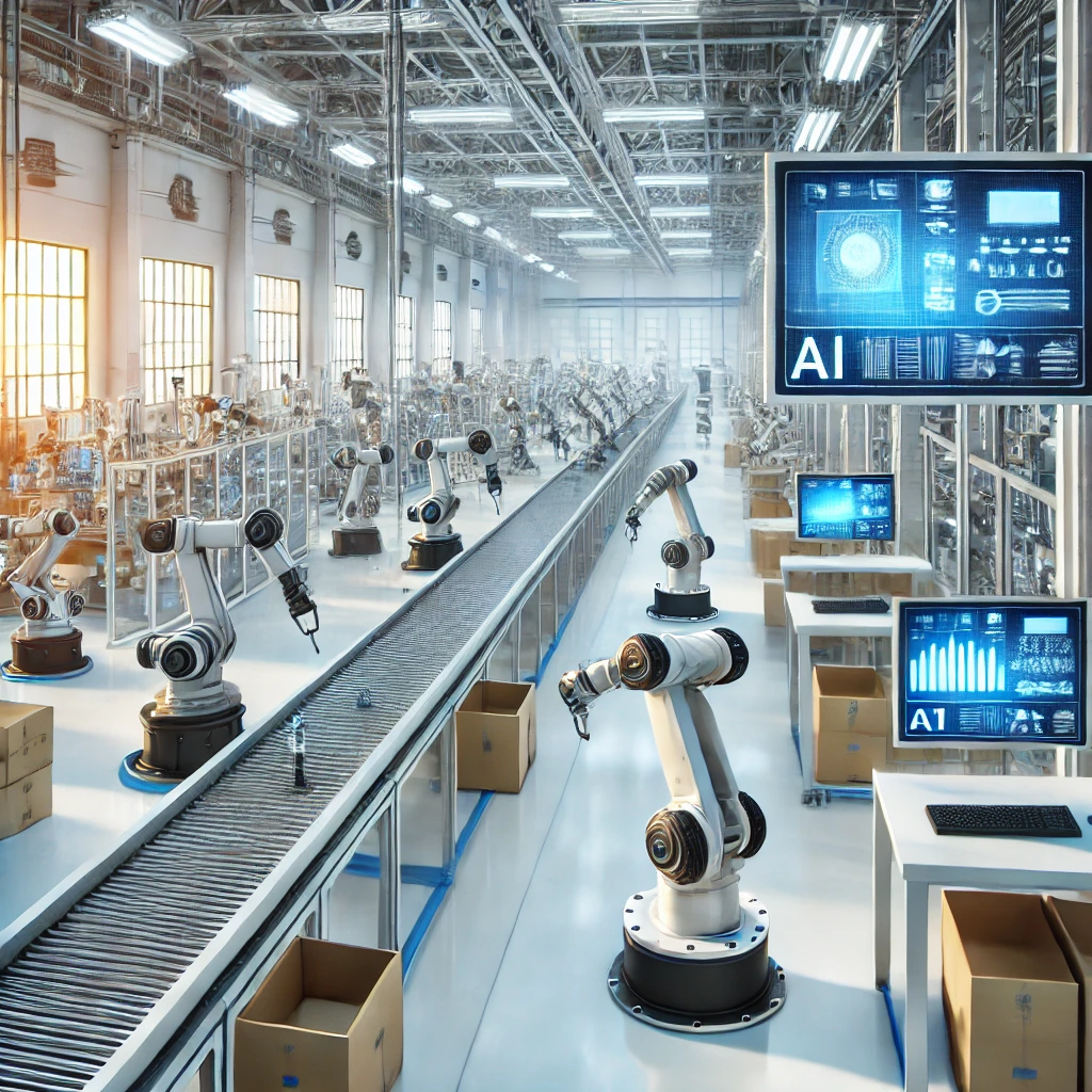Automated factory with robotic arms assembling products on a conveyor belt.