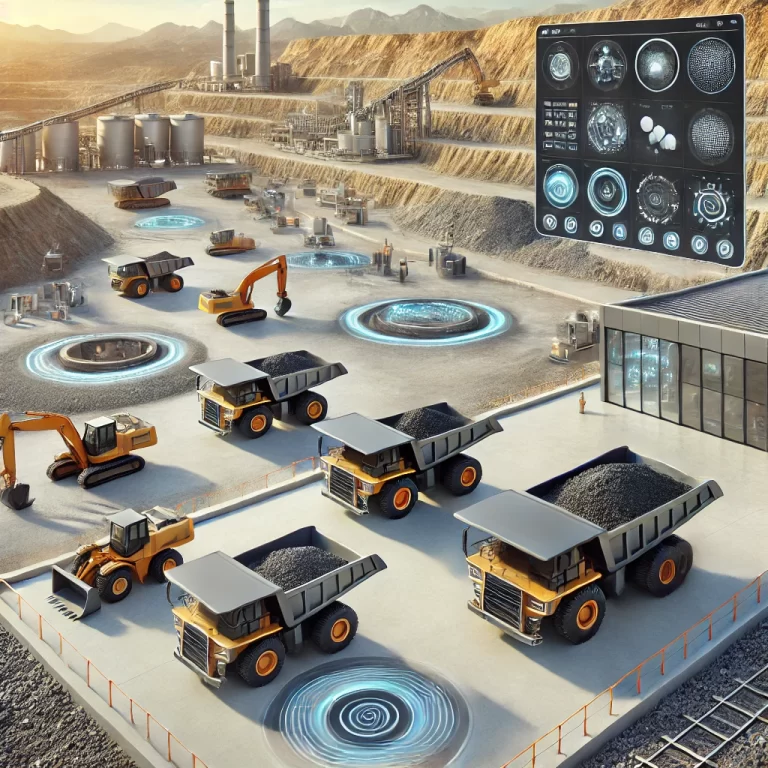 A modern mining site featuring autonomous dump trucks
