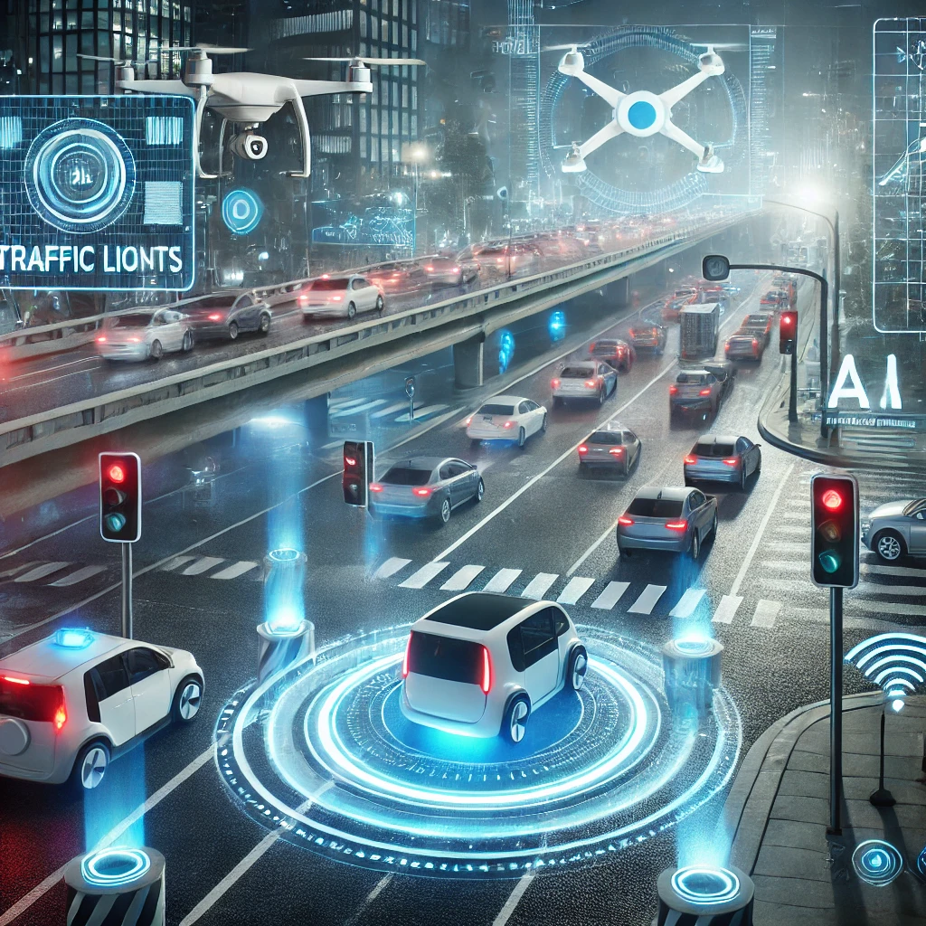 Traffic control system in a smart city. The scene shows a busy intersection with autonomous vehicles, smart traffic lights.